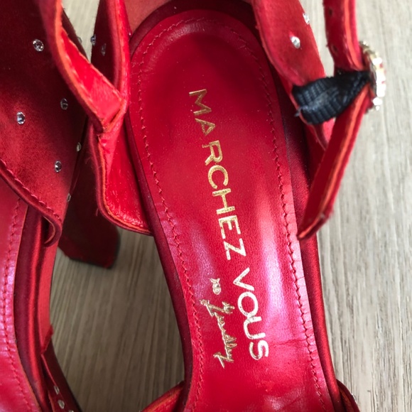 Marchez Vous Red Heels with Rhinestones and Ankle Strap, Size 6 - Picture 10 of 13